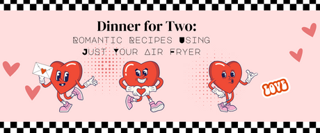 Blog title dinner for two featuring a checked border with heart-themed illustrations