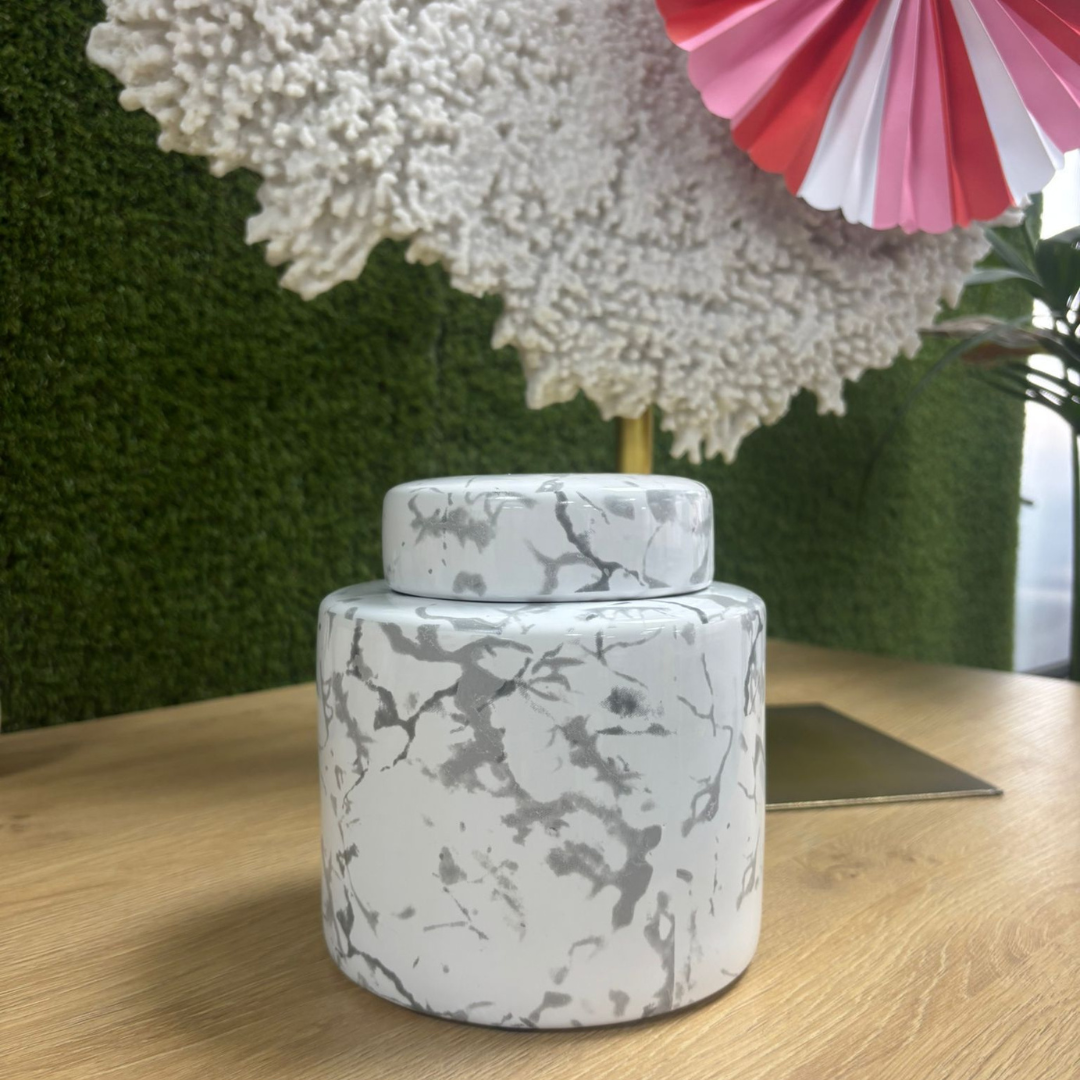 White and Grey Marble Effect Storage Jar with Lid H16.5cm