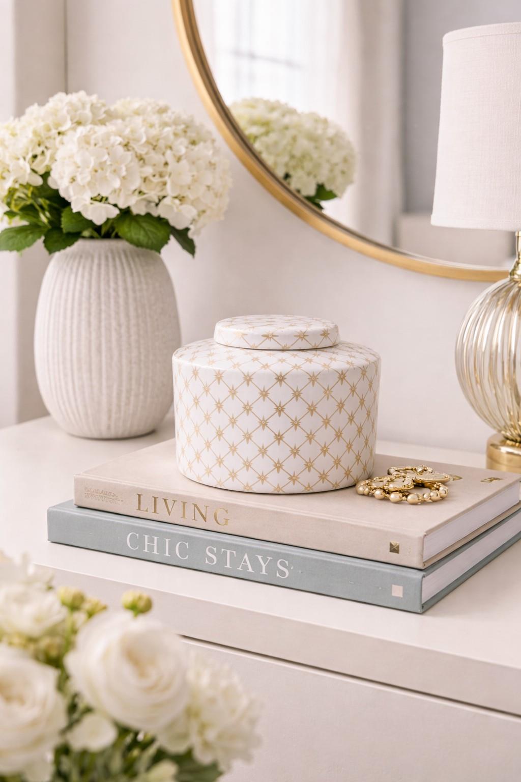 White and Gold Lattice Star Print Ceramic Ginger Jar with Lid H18cm