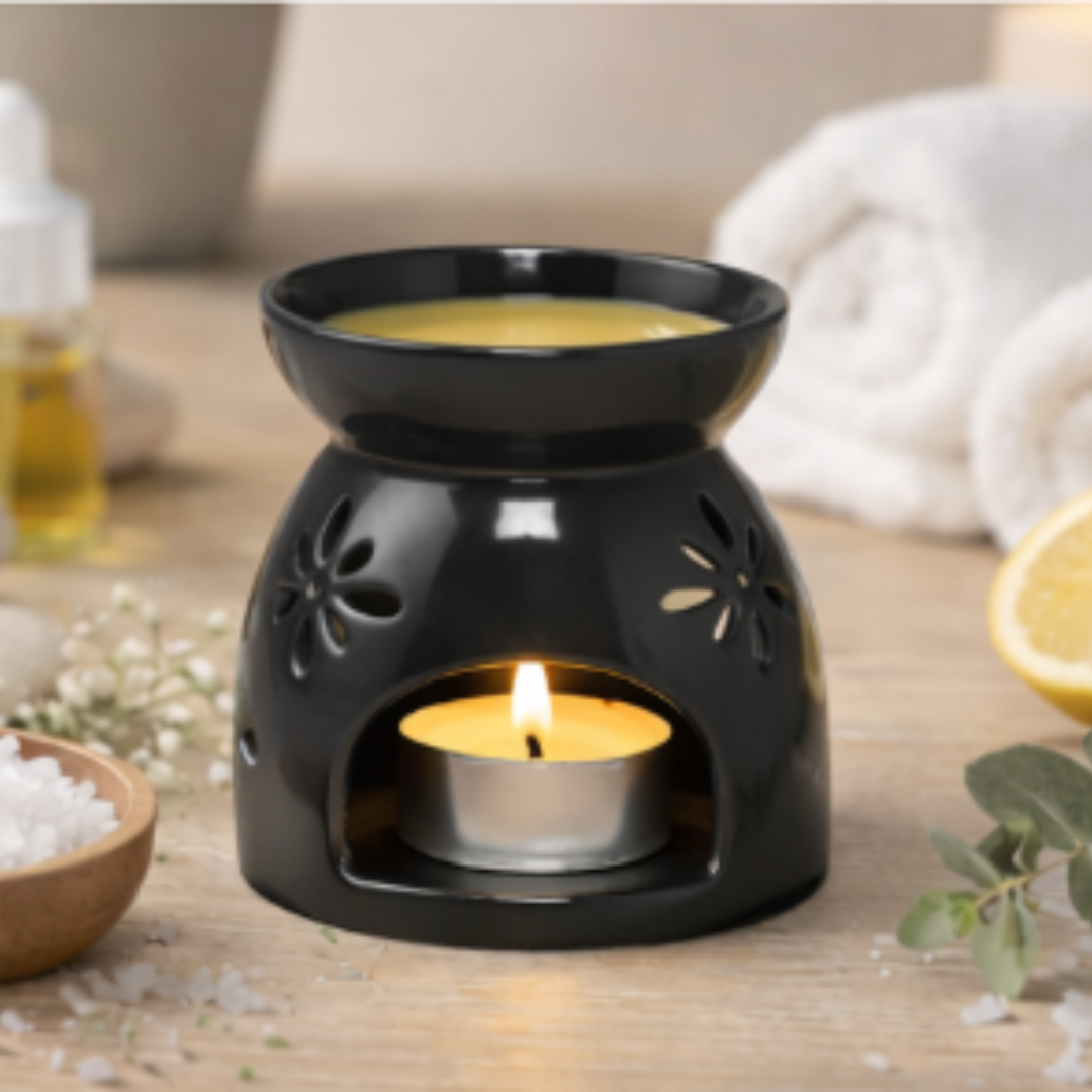 Modern Black Ceramic Wax Burner with Decorative Flower Cutouts