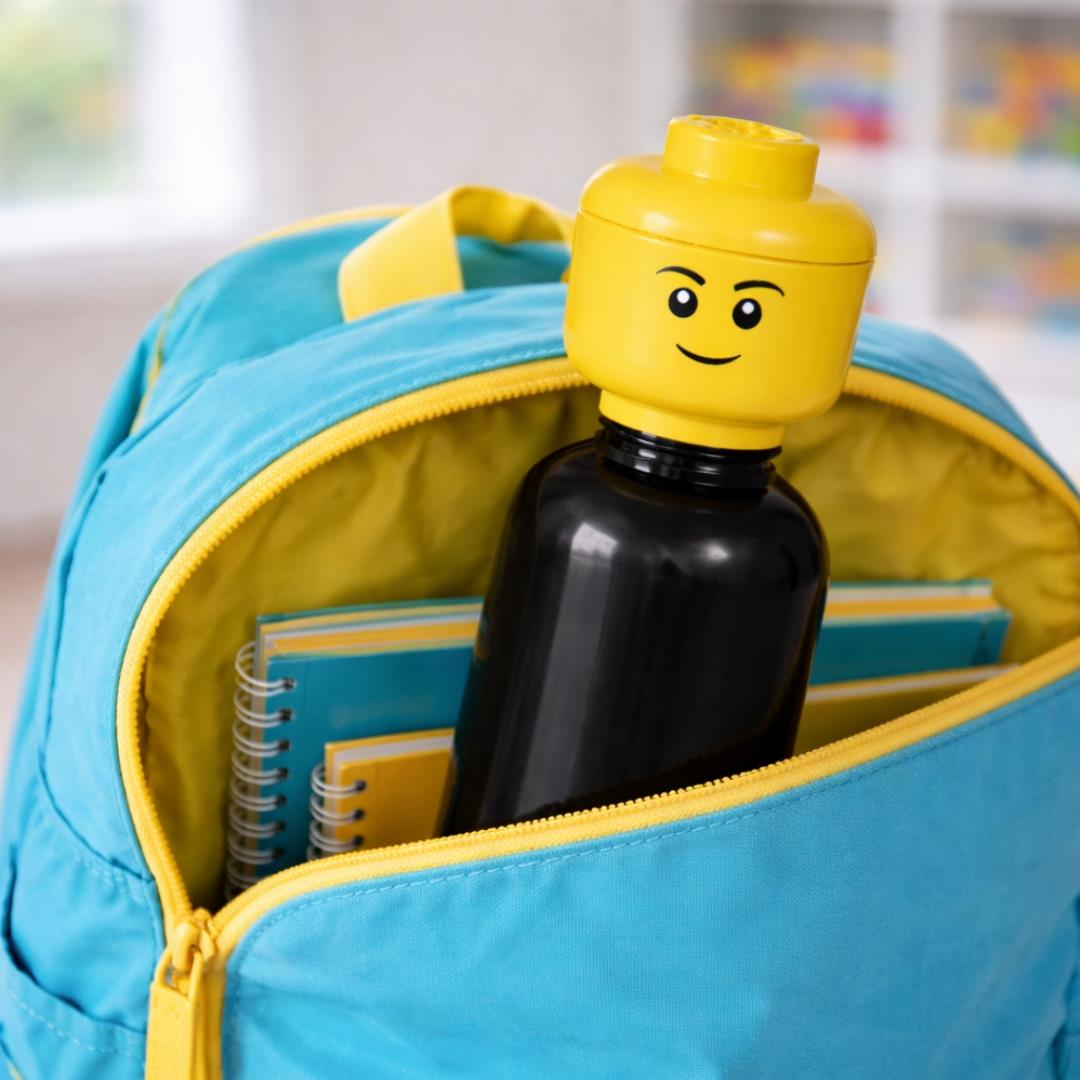 LEGO Head Water Bottle 0.4L Kids School Drink Flask H25cm Black