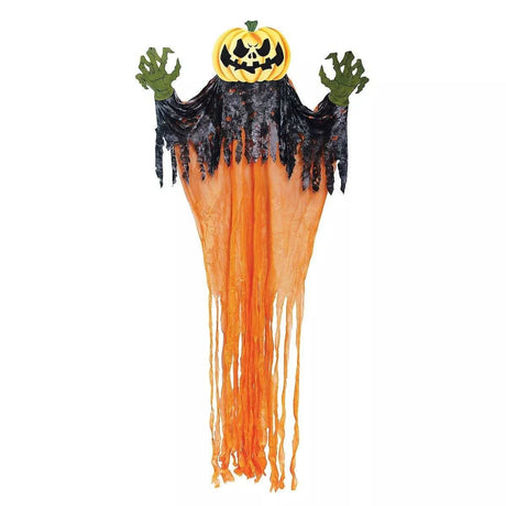 11 ft Halloween pumpkin decoration with spooky pumpkin head and tattered black and orange fabric body