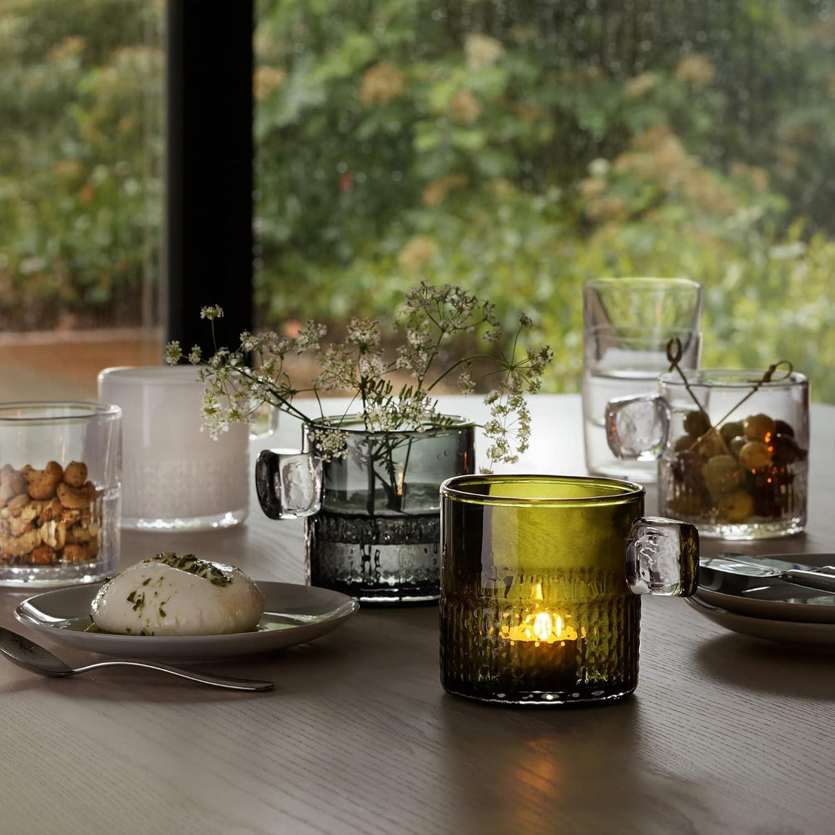 LSA Glass Tealight Holder with Handle 9cm Olive