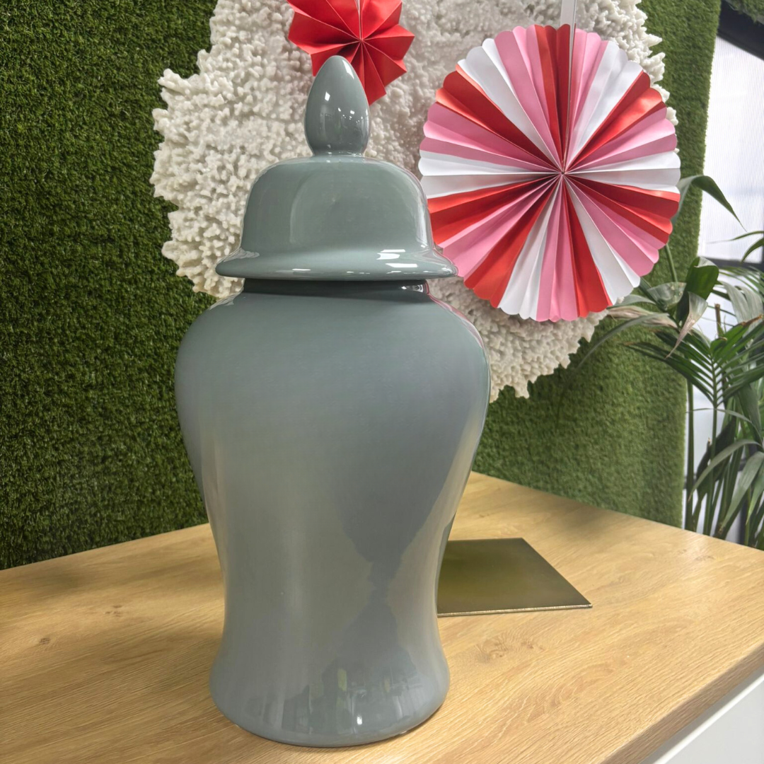 Grey Ceramic Lidded Vase H50cm Gloss Decorative Ornament