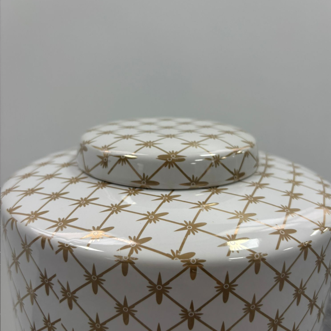 Decorative 33cm Tall White Vase with Gold Geometric Motif