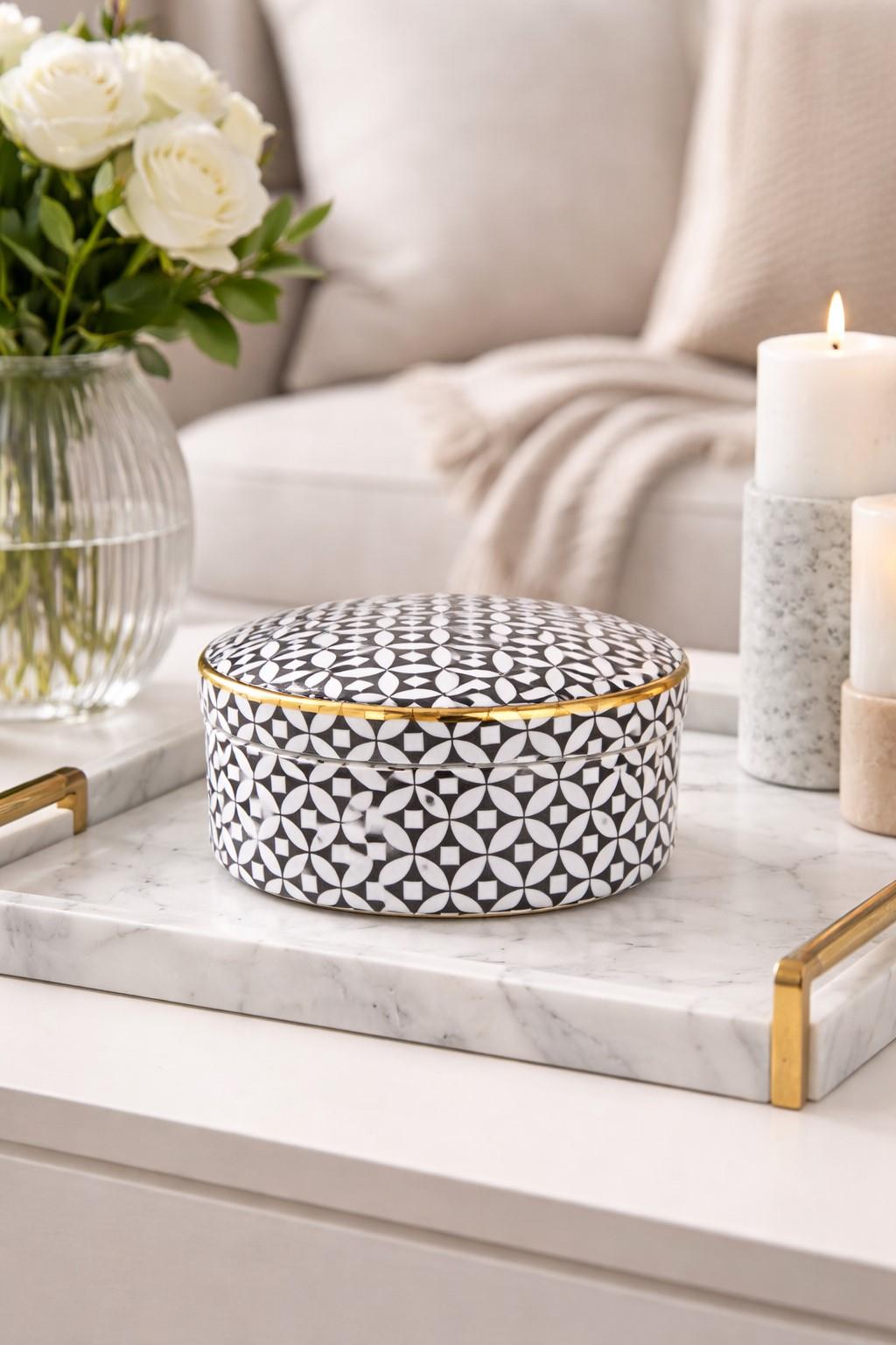 Black & White Geometric Lidded Jar 20cm Wide with Gold Rim