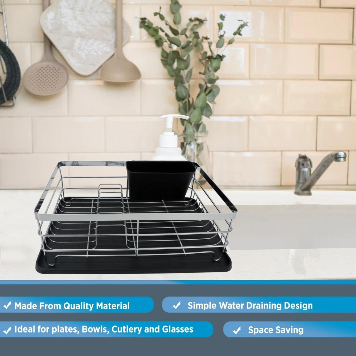 Kitchen Dish Rack Drainer with Utensil Holder and Removable Drip Tray