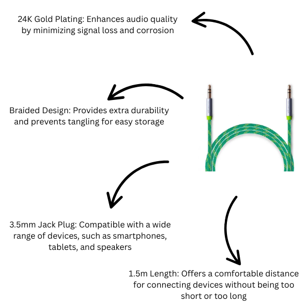 24K Gold Plated Braided Aux Cable 3.5mm Jack 1.5m Green