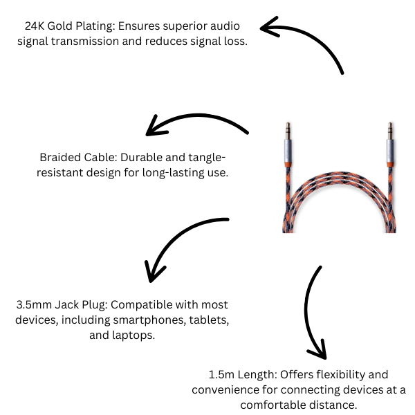 24K Gold Plated Braided Aux Cable 3.5mm Jack 1.5m Orange