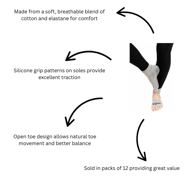 Ubung Grey Yoga CAL173 Non Slip Open Toe Socks Packs of 12 Size 4-9 UK Size