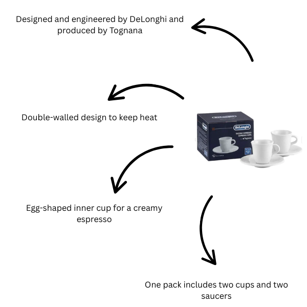 De'Longhi DLSC308 Ceramic Espresso Cups Twin Pack with Saucers 70ml White