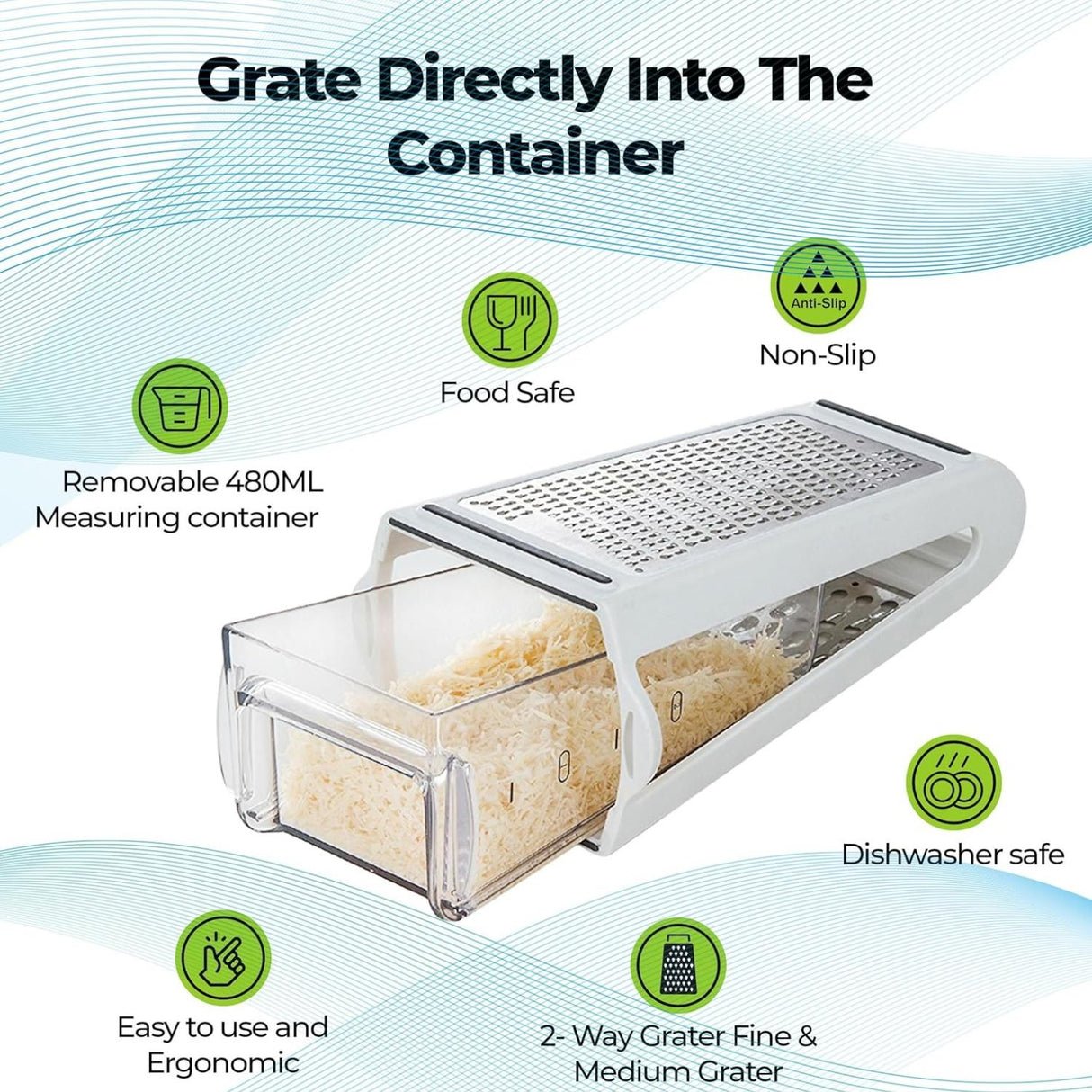 2-Way Stainless Steel Food Grater with 480ml Measuring Box
