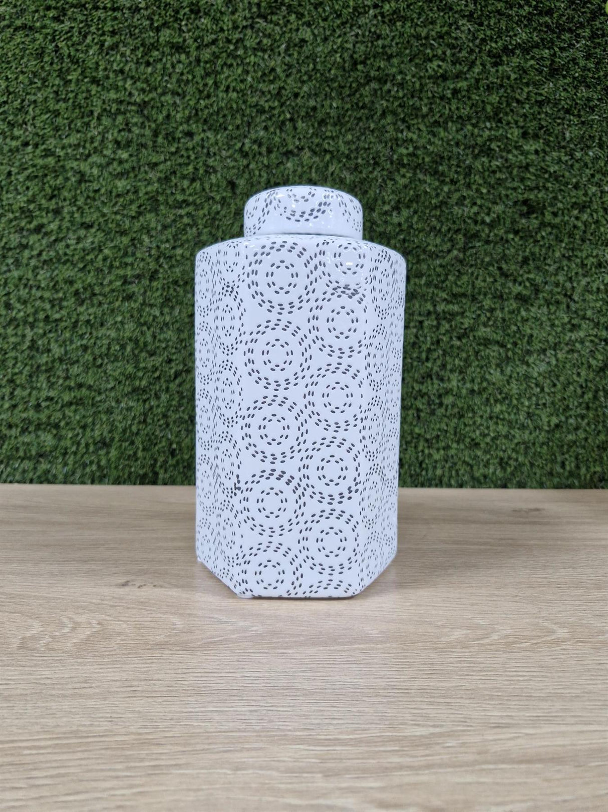 White Hexagonal Ceramic Vase with Black Swirl Pattern