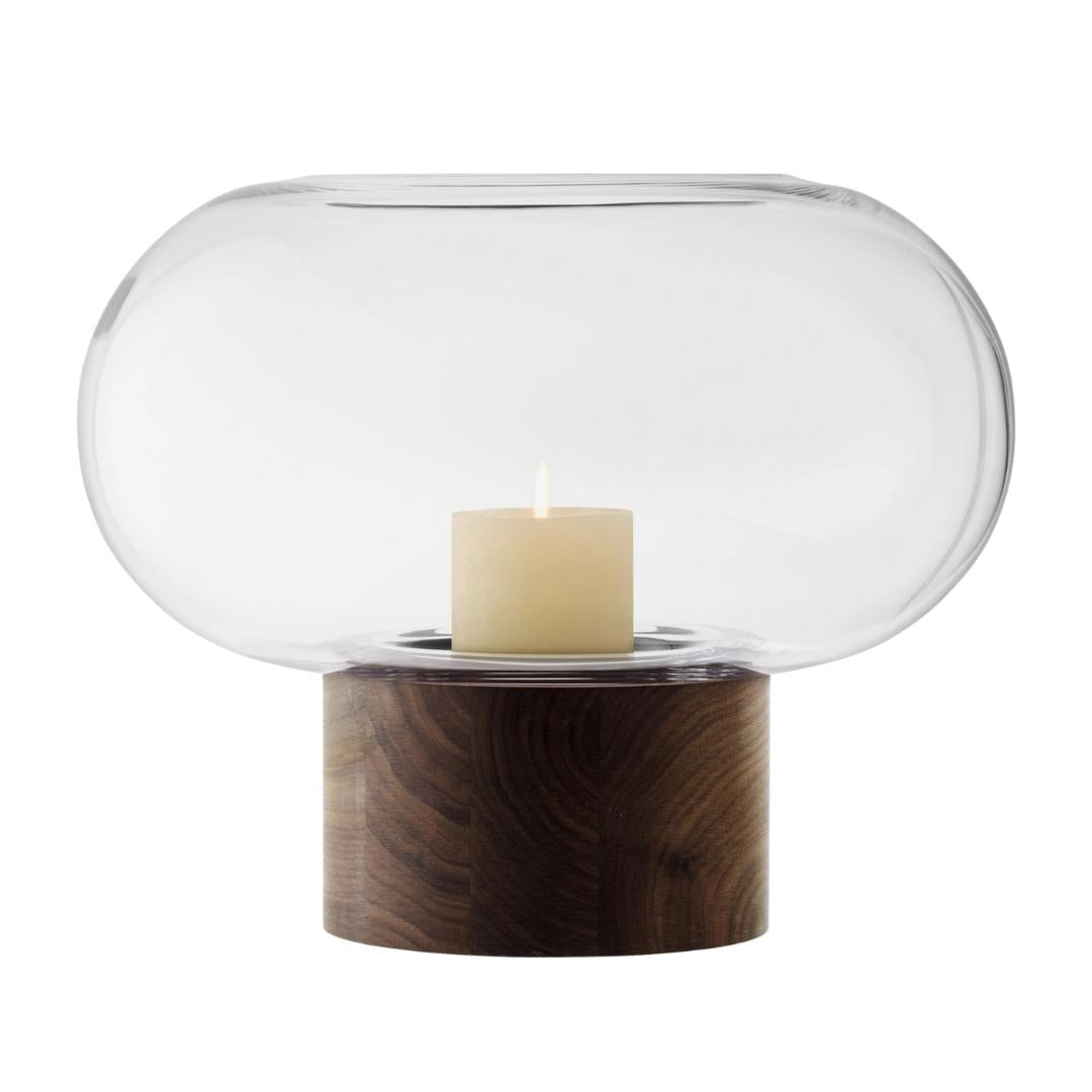 LSA Oblate Glass Vase Lantern 28cm with Walnut Base Clear