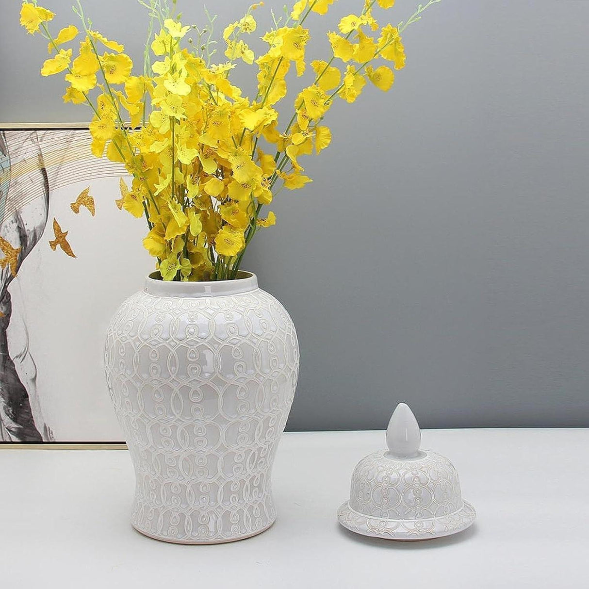 Large White Patterned Ginger Jar with Lid H50cm