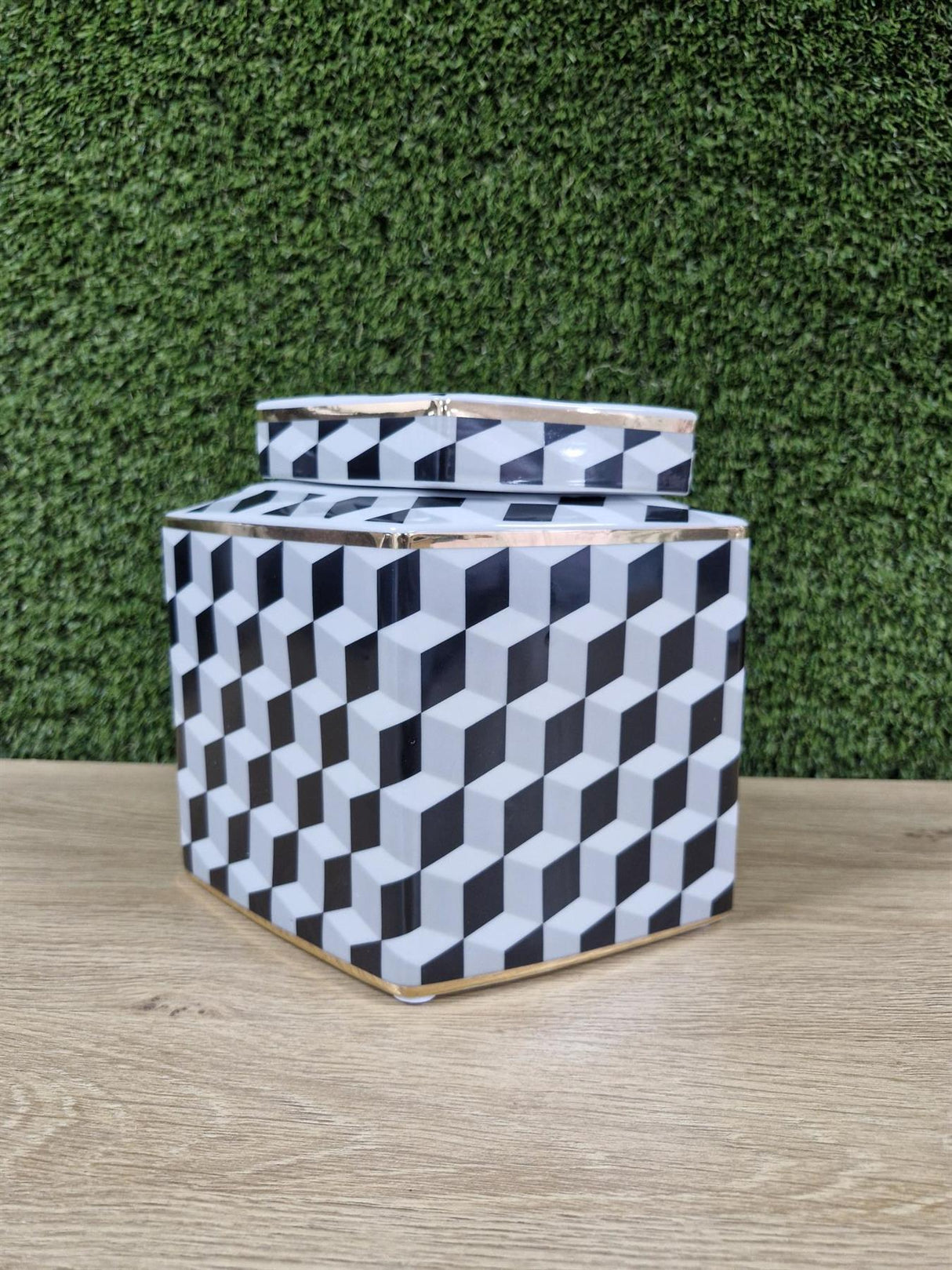 Black and White Geometric Vase with Gold Accent