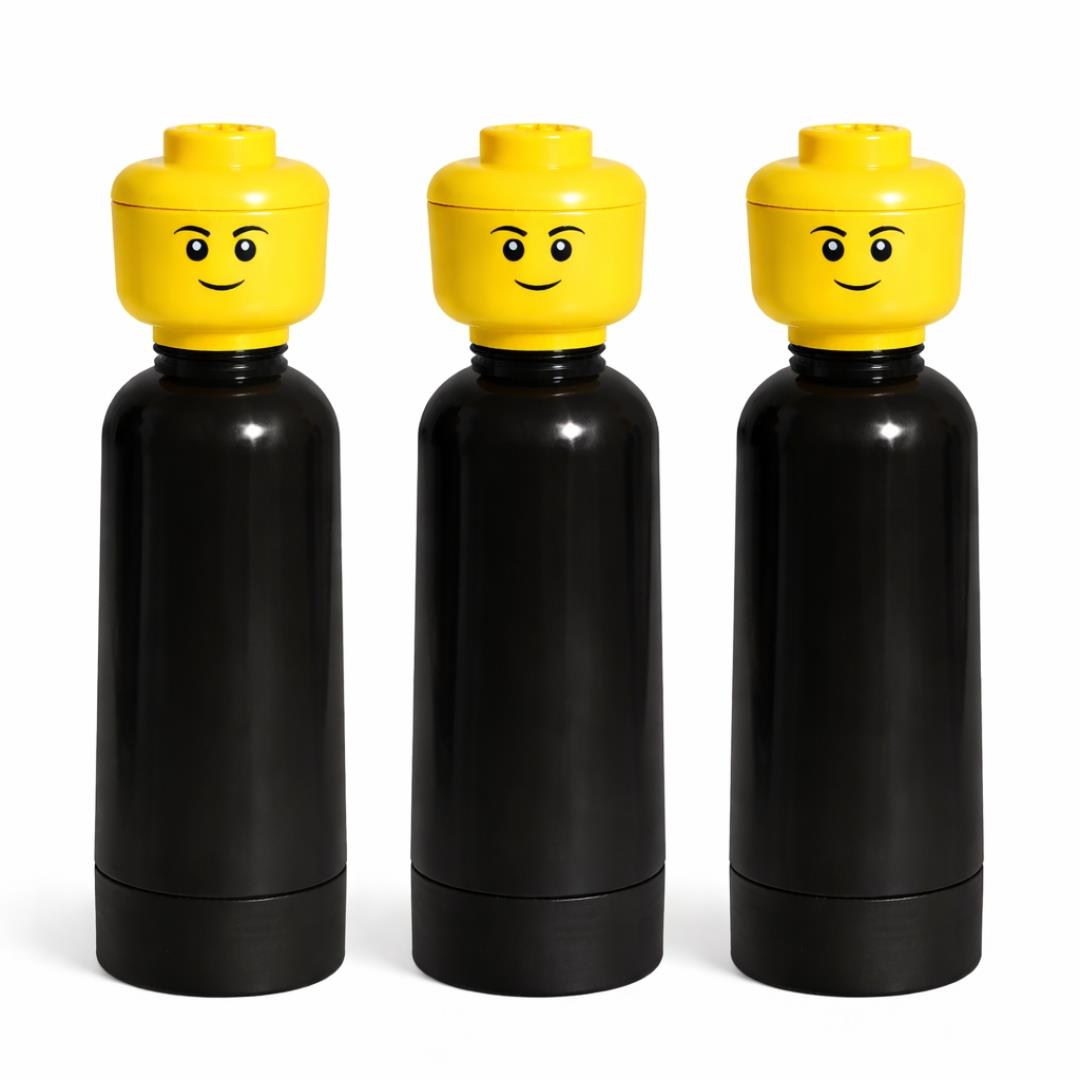 LEGO Head Water Bottle 0.4L Kids School Drink Flask H25cm Black