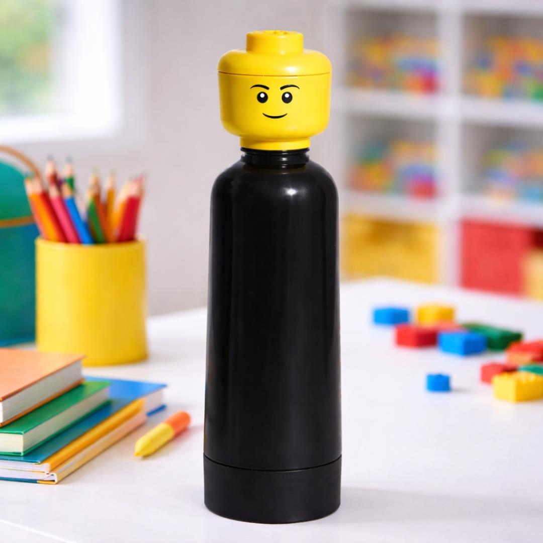 LEGO Head Water Bottle 0.4L Kids School Drink Flask H25cm Black