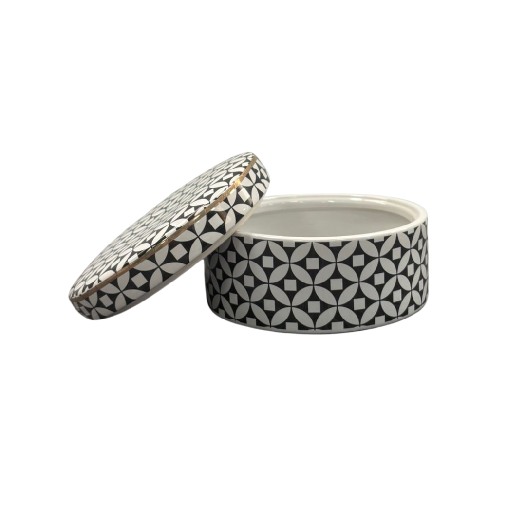 Black & White Geometric Lidded Jar 16.5cm Wide with Gold Rim