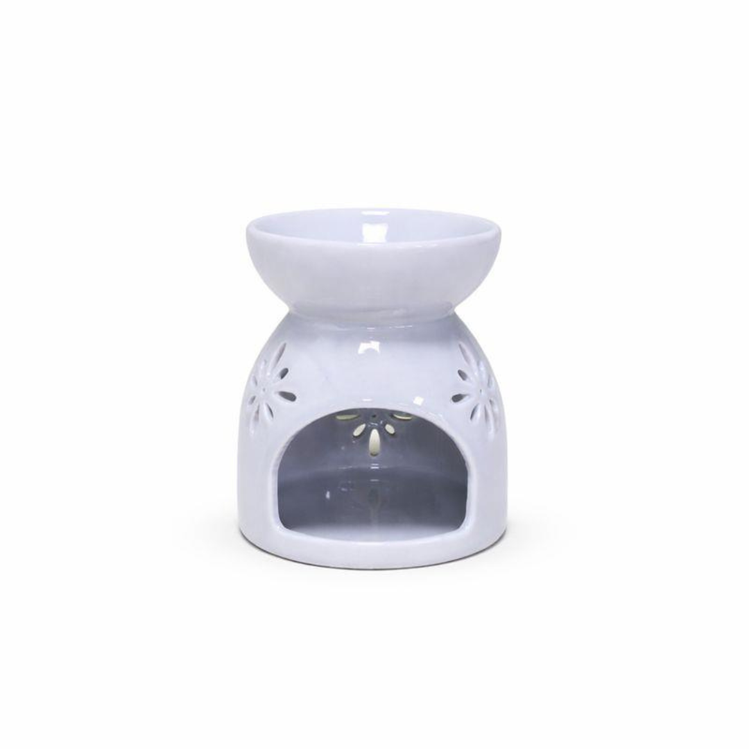 Modern White Ceramic Wax Burner with Decorative Flower Cutouts