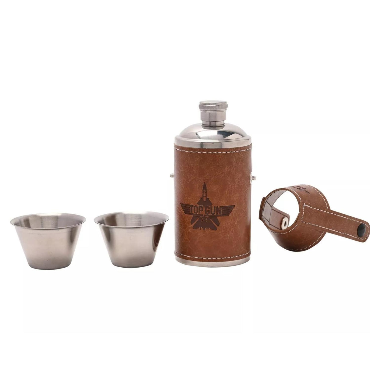 Top Gun Stainless Steel 6oz Travel Flask Faux Leather Wrap Brown