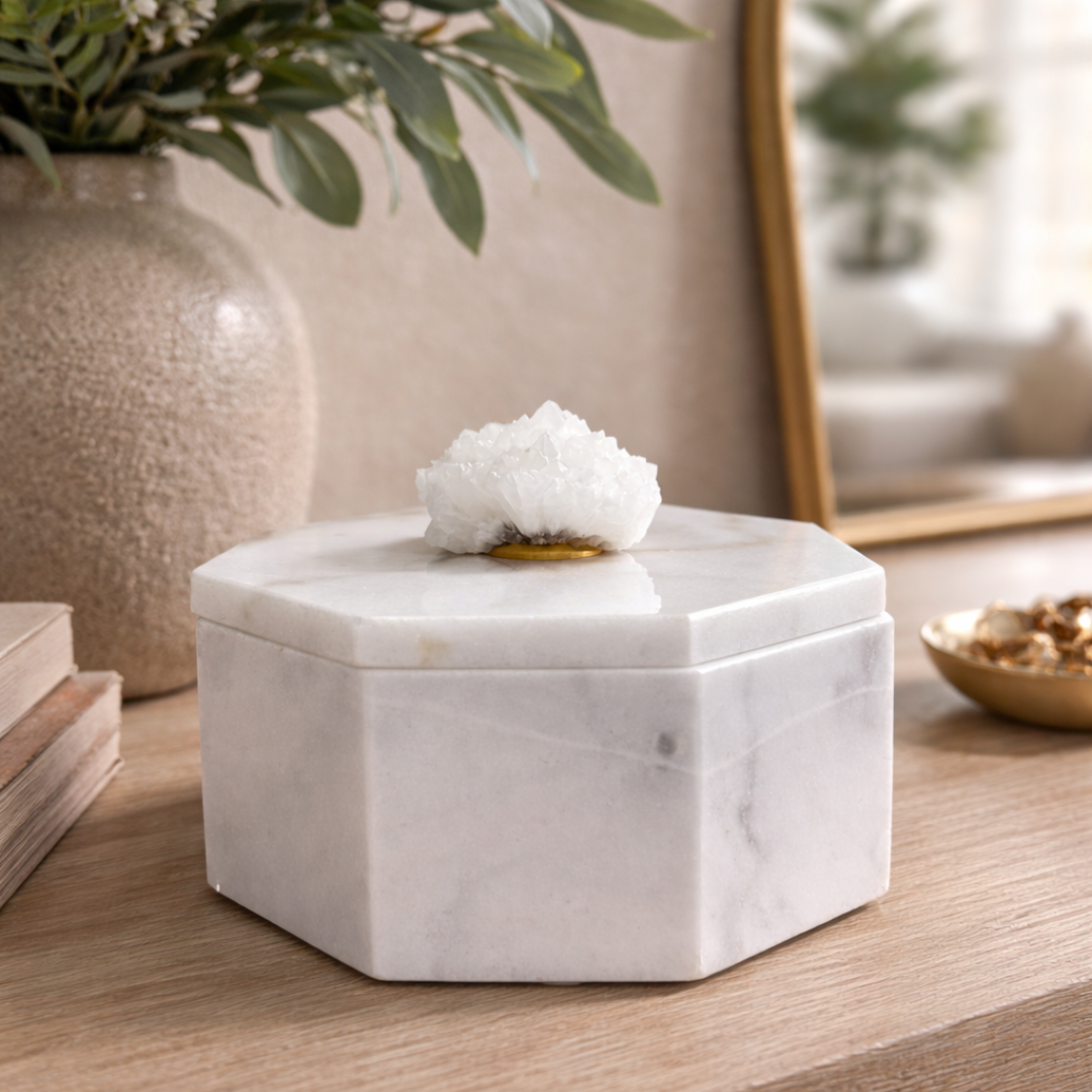 White Marble Hexagon Lidded Box with Crystal Handle