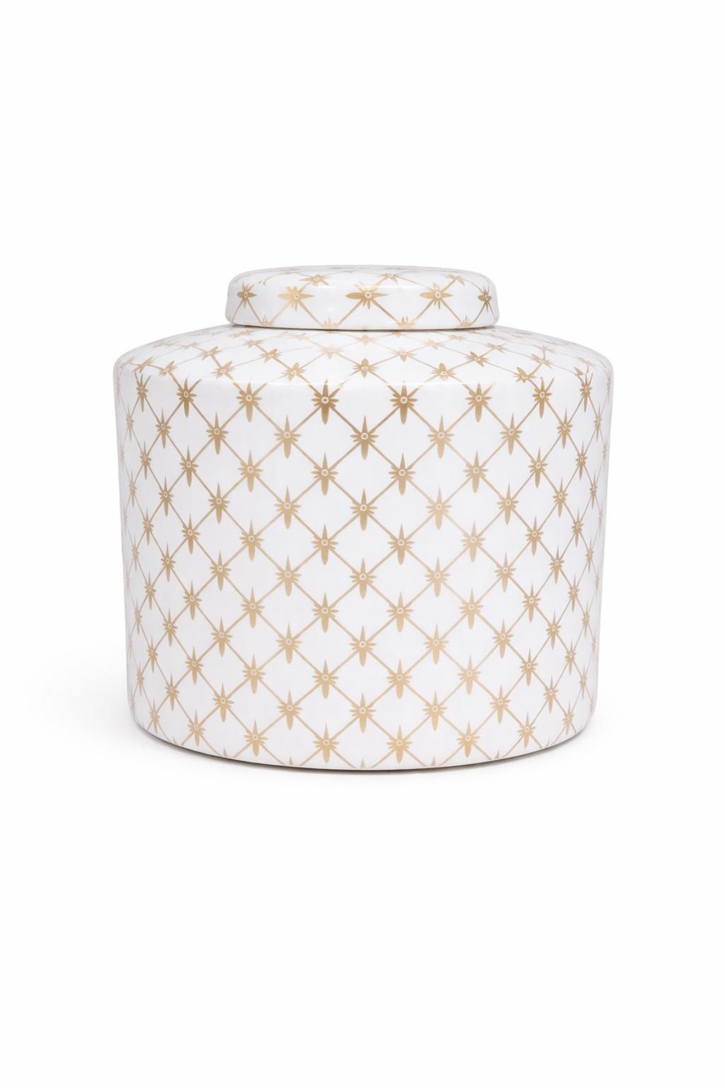 White and Gold Lattice Star Print Ceramic Ginger Jar with Lid H18cm
