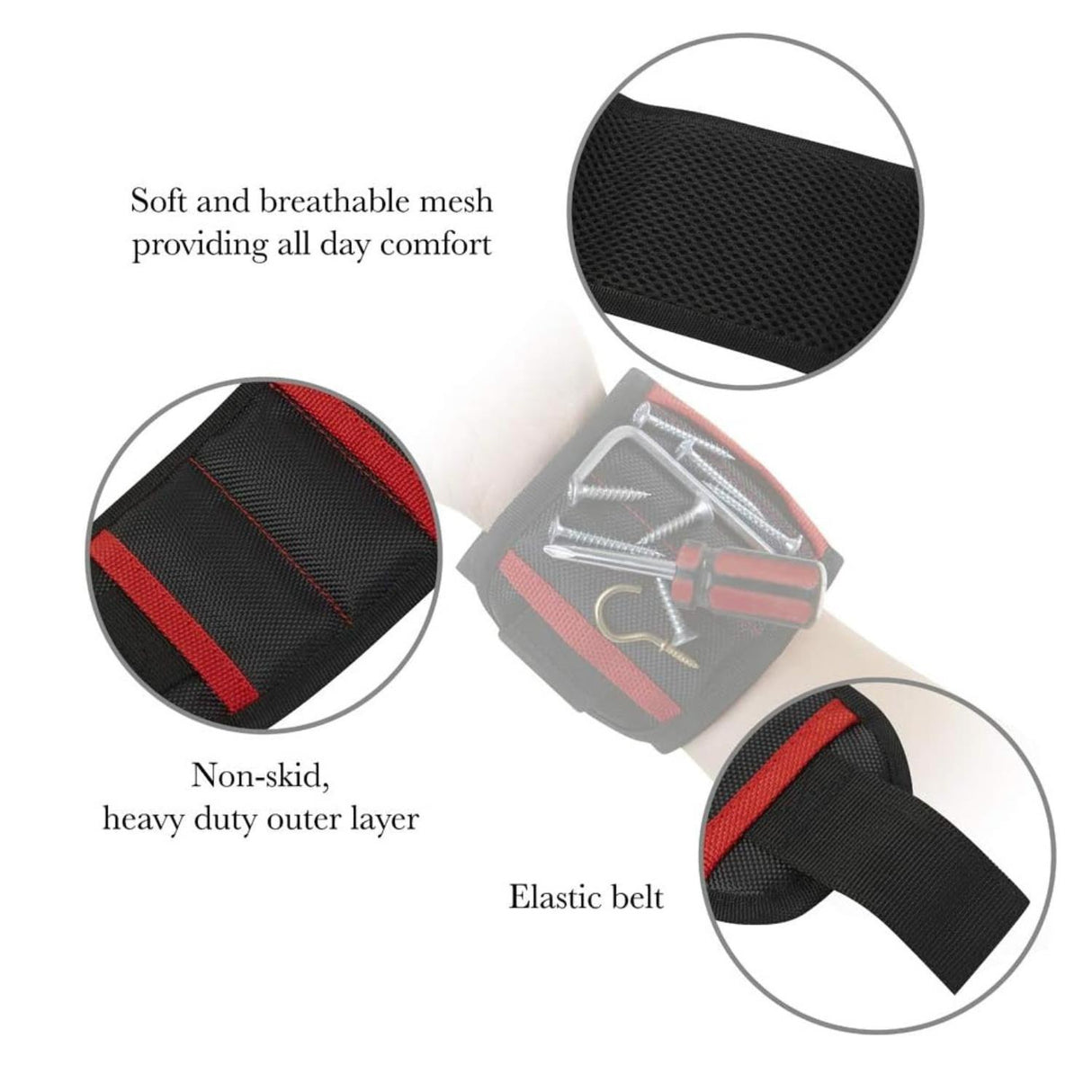 Magnetic Wristband Tool Holder with 15 Magnets and Storage Pockets Black