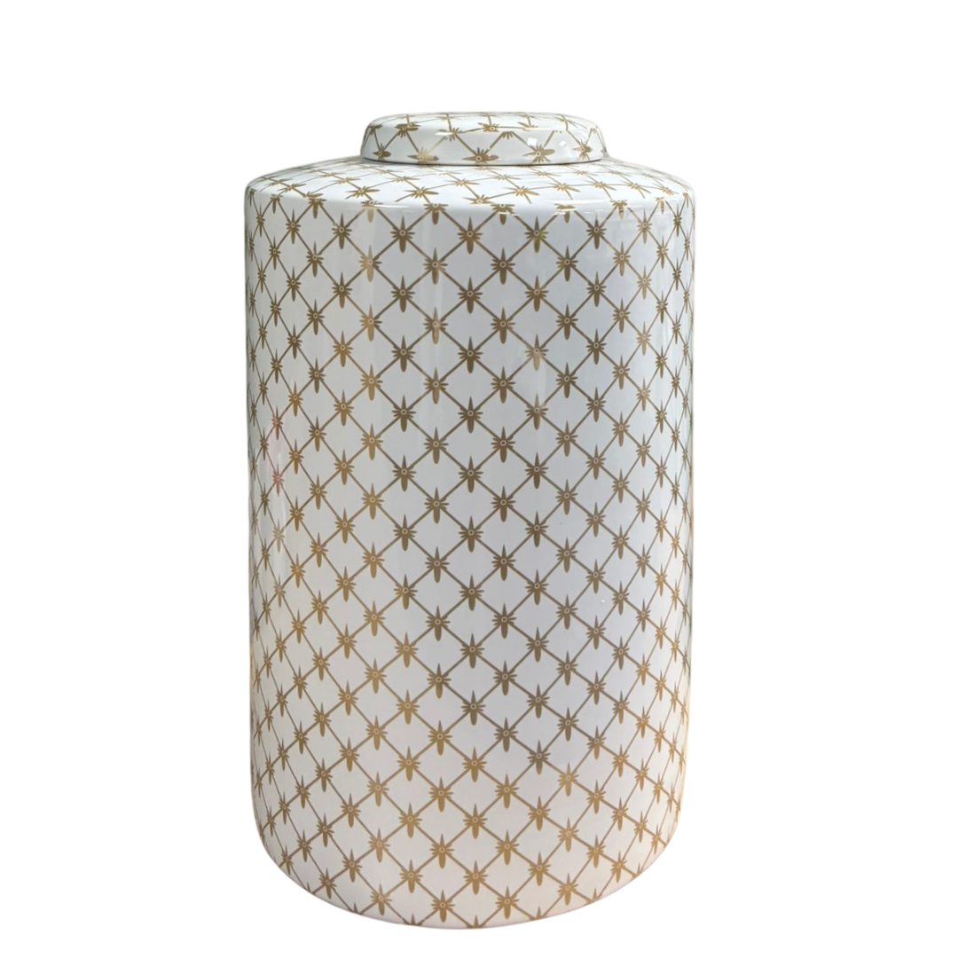 Decorative 33cm Tall White Vase with Gold Geometric Motif