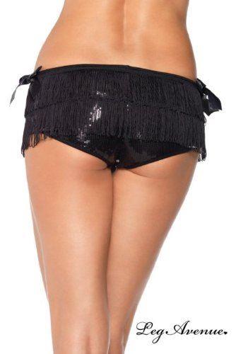 Leg Avenue Black Sequin Booty Shorts with Tiered Fringe and Satin Bow Accents Small