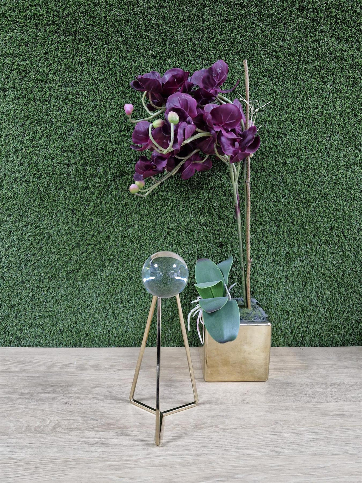 Crystal Ball with Gold Geometric Metal Stand 23cm Glass Sphere Decor