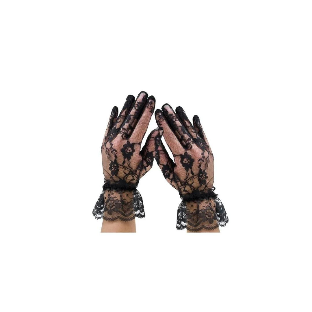 Leg Avenue Wrist Length Black Lace Gloves with Ruffles One Size