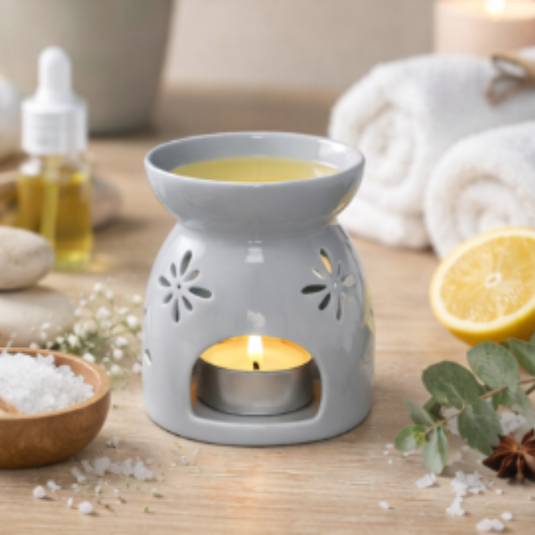 Modern Grey Ceramic Wax Burner with Decorative Flower Cutouts