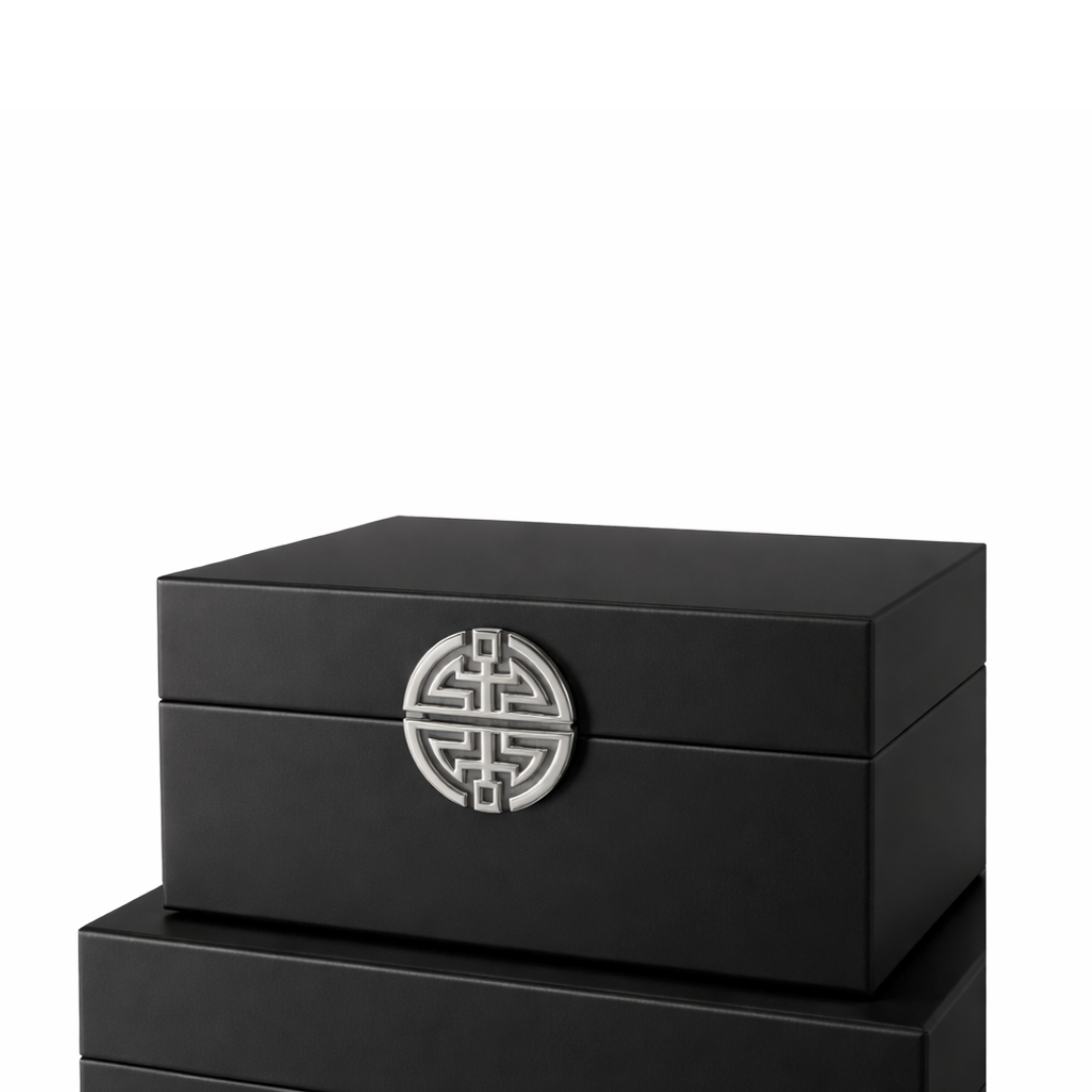 Black Wooden Storage Boxes with Silver Geometric Motif Set of 2