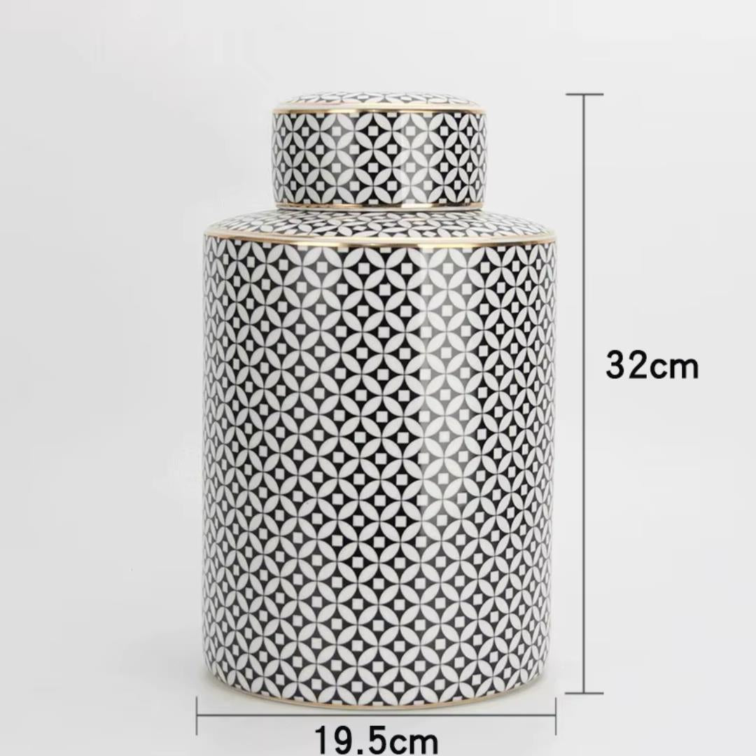 Black and White Print Ceramic Lidded Jar H32cm