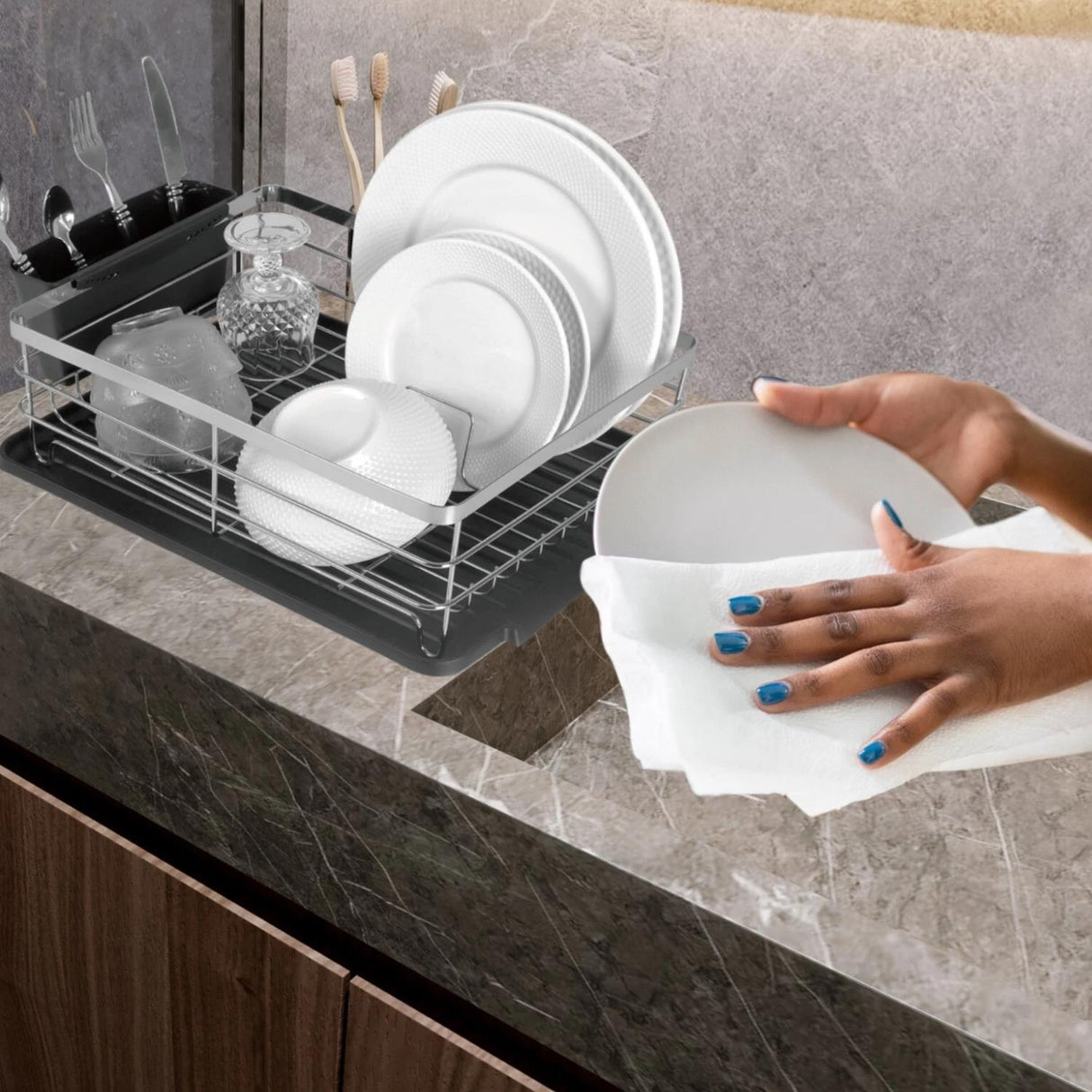 Kitchen Dish Rack Drainer with Utensil Holder and Removable Drip Tray