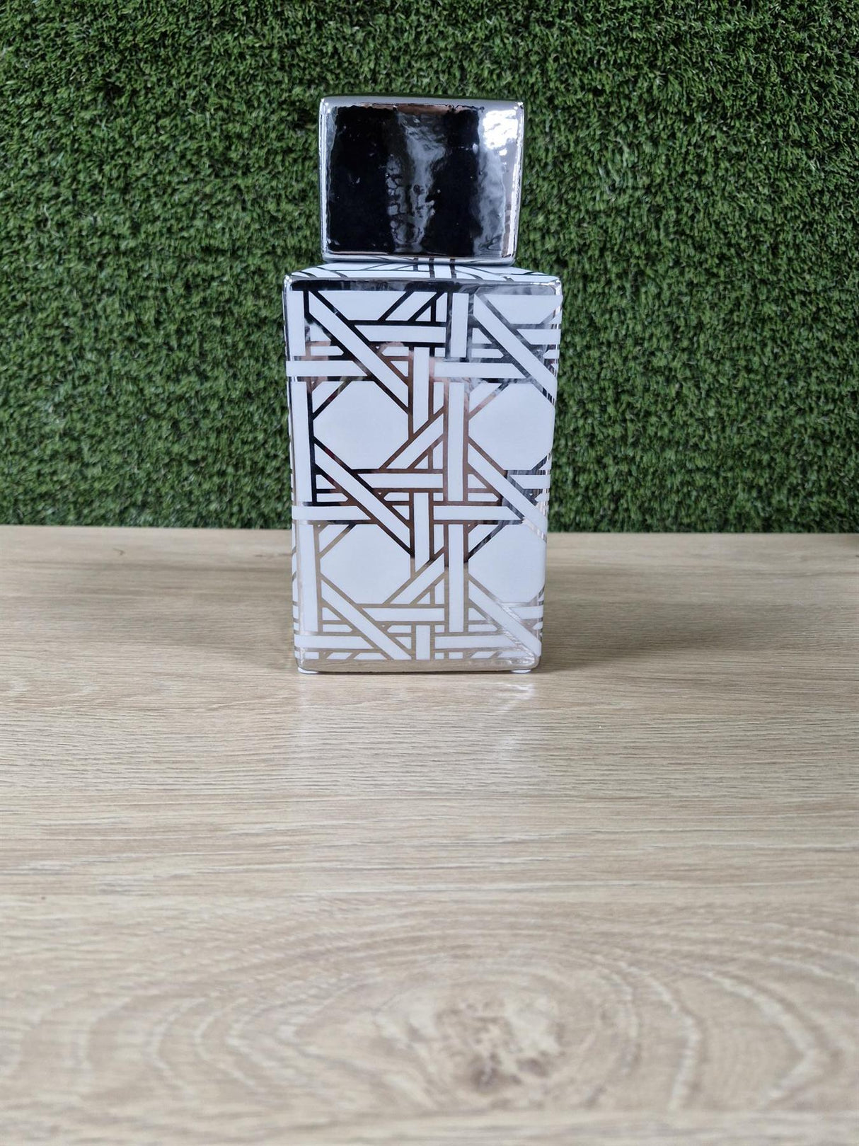 White and Silver Chrome Ceramic Square Geometric Vase with Lid