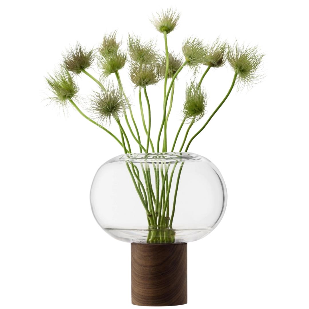 LSA Oblate Glass Vase Lantern 21.5cm with Walnut Base Clear