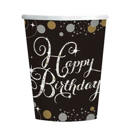 Sparkling Celebration Happy Birthday Paper Cups Pack of 8 Black Gold