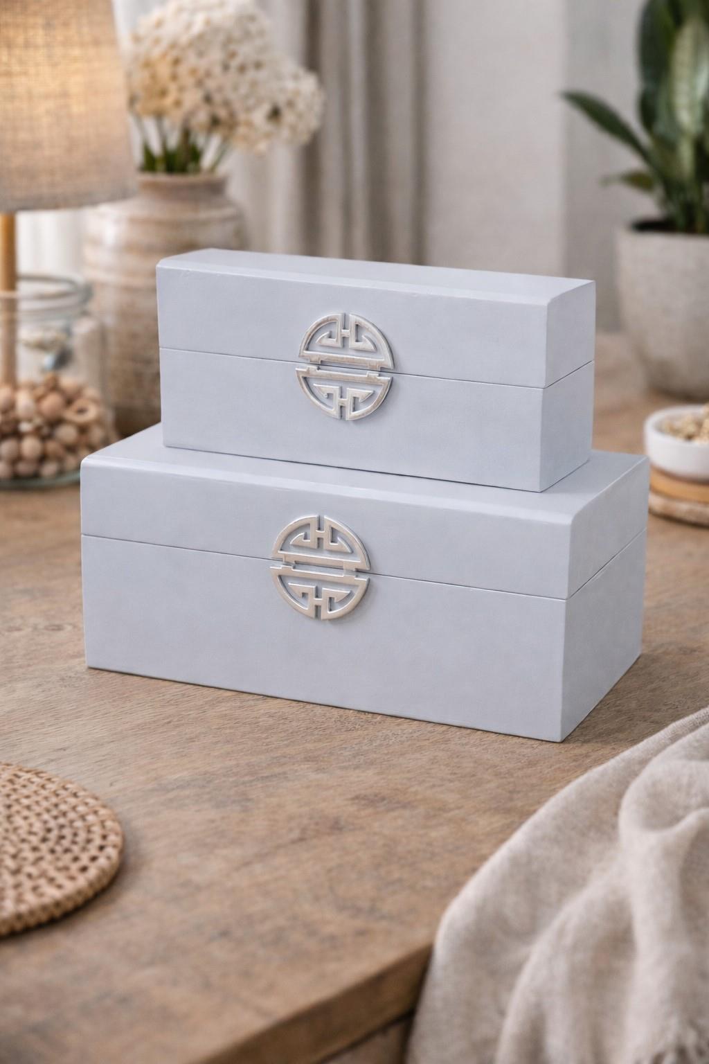 Grey Wooden Storage Boxes with Silver Geometric Motif Set of 2