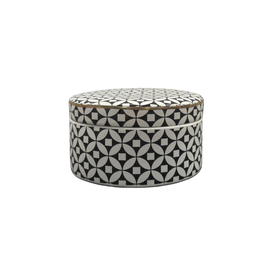 Black & White Geometric Lidded Jar 16.5cm Wide with Gold Rim