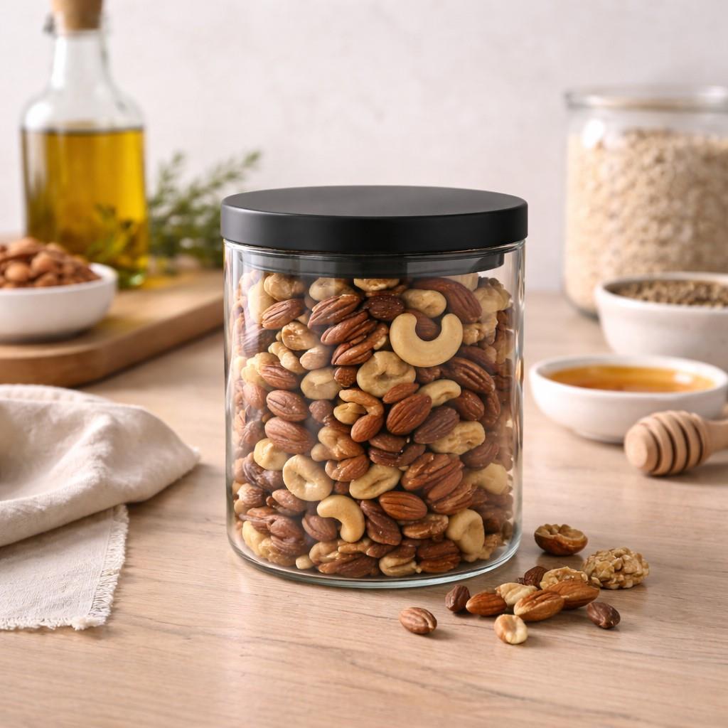 Clear Glass Cylinder Storage Jar with Black Lid 700ml