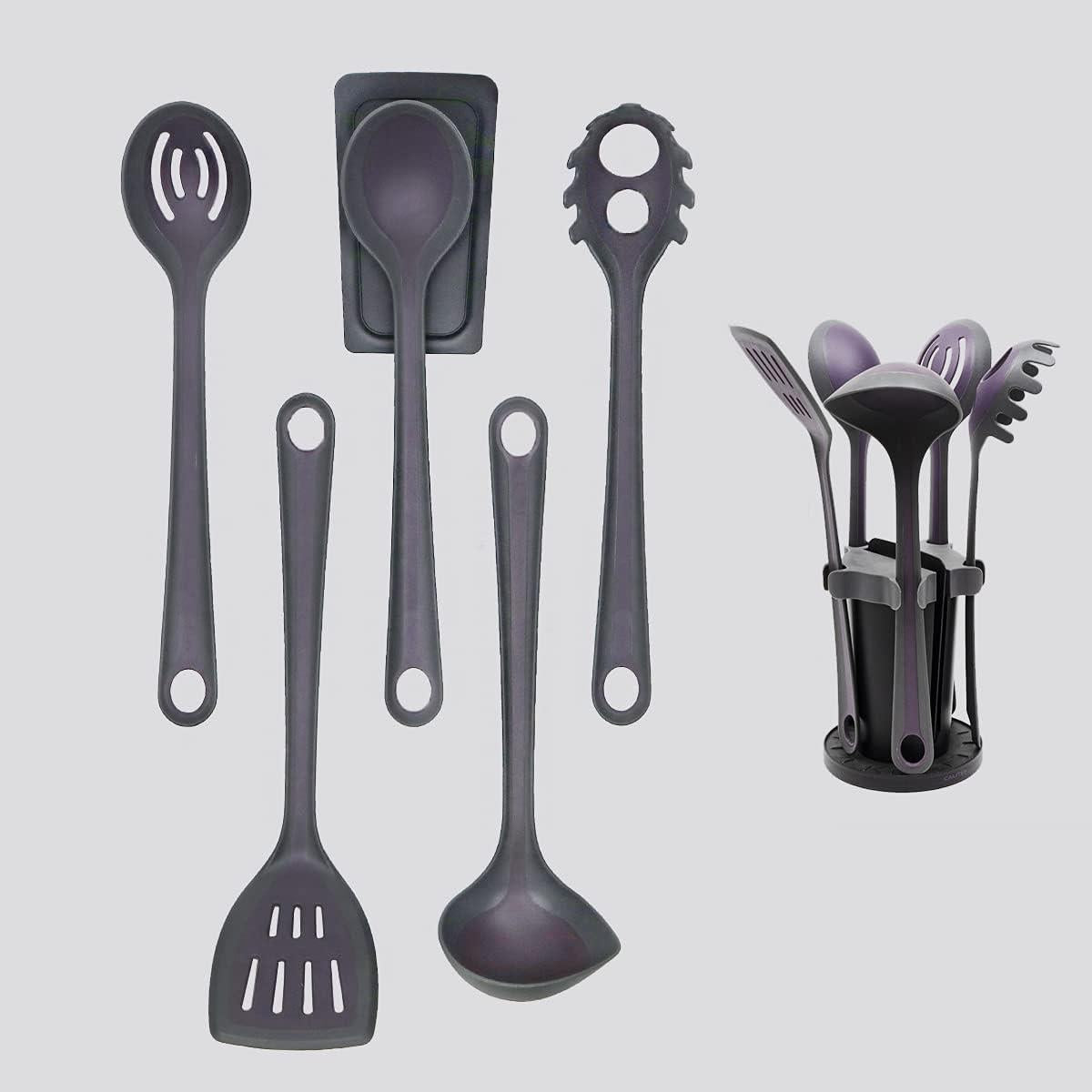 Calitek Utensil 5 Piece Set with Stand and Spoon Rest Purple