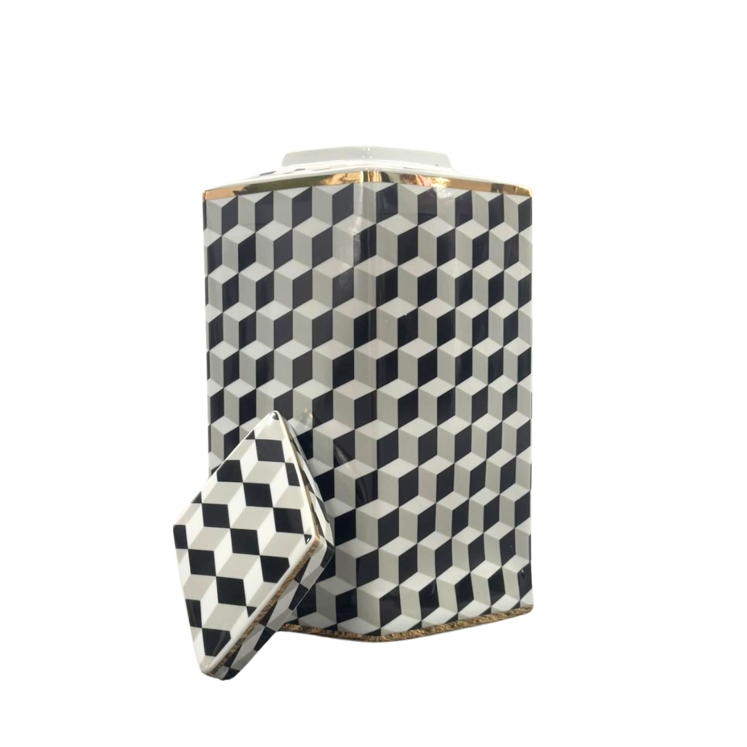 Black and White Geometric Vase with Gold Accent Approx 32cm