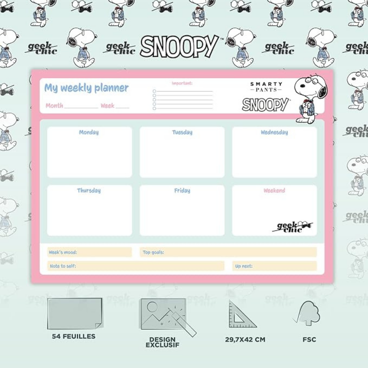 Snoopy A3 Weekly Planner Notepad Pink