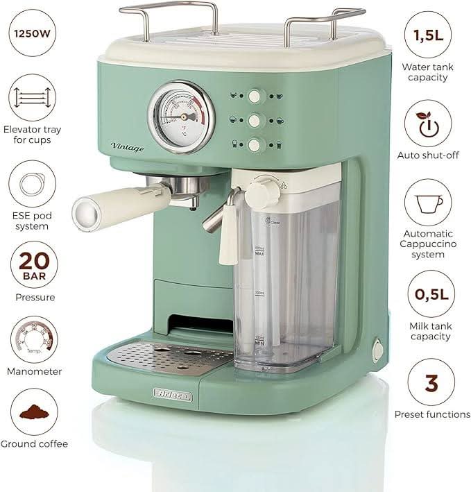 Ariete Vintage Espresso Coffee Maker with Milk Frother Green 1250W