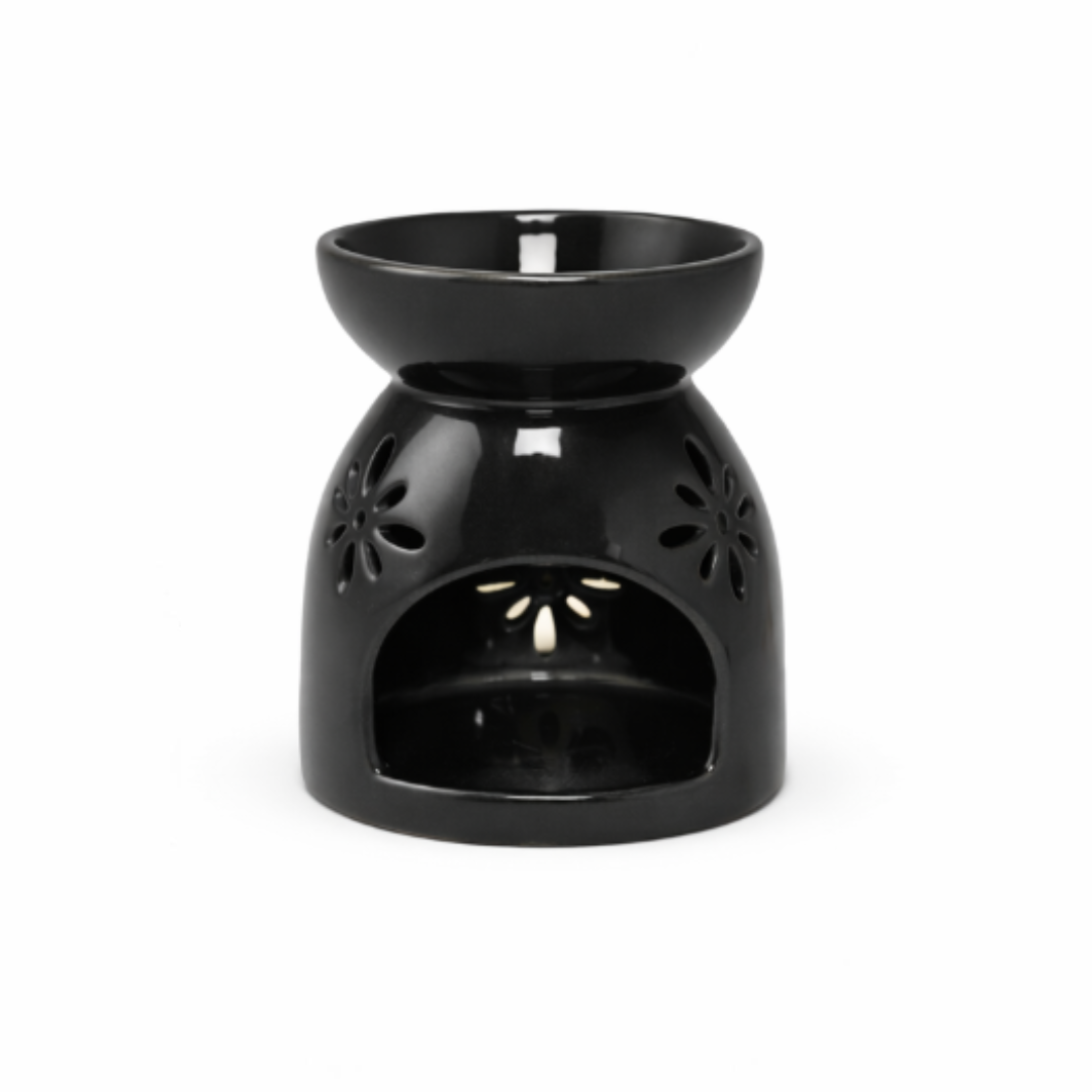 Modern Black Ceramic Wax Burner with Decorative Flower Cutouts