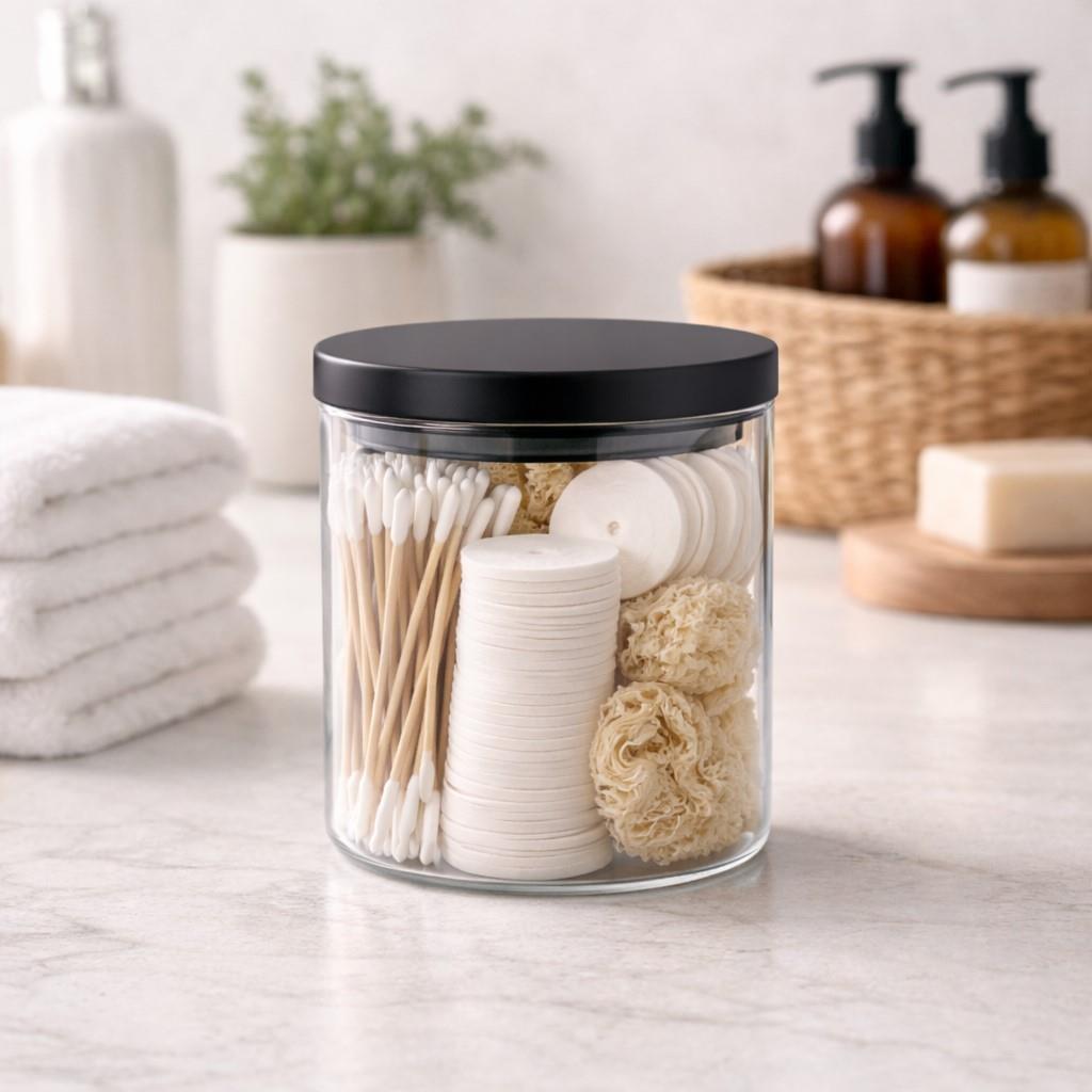 Clear Glass Cylinder Storage Jar with Black Lid 700ml
