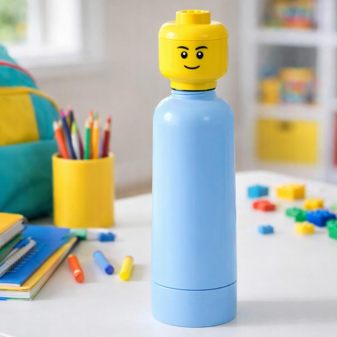 LEGO Head Water Bottle 0.4L Kids School Drink Flask H25cm Light Blue