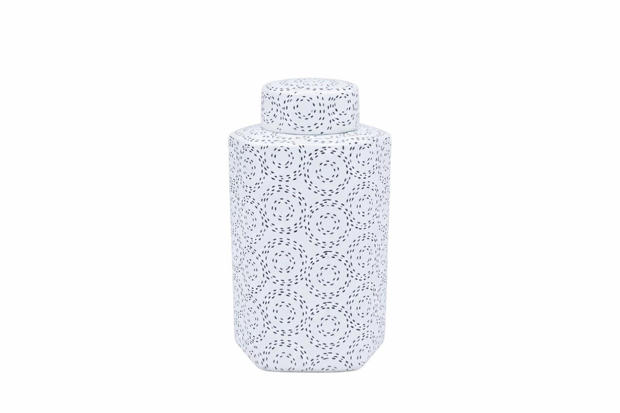 White Hexagonal Ceramic Vase with Black Swirl Pattern H23cm